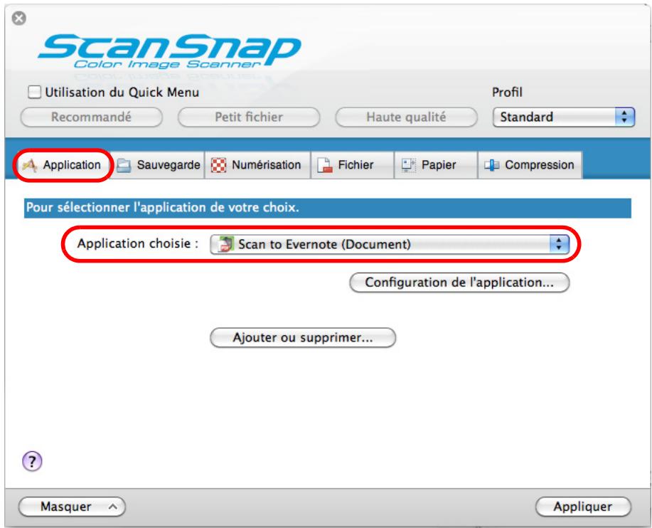 FUJITSU SCANSNAP S1100I - Dans le menu local Application chosesie de l'onglet Application, selectionnez Scan to Evernote (Document). - 1