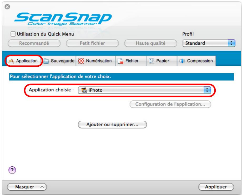 FUJITSU SCANSNAP S1100I - Dans le menu local Application chosesie de l'onglet Application, selectionnez iPhoto. - 1