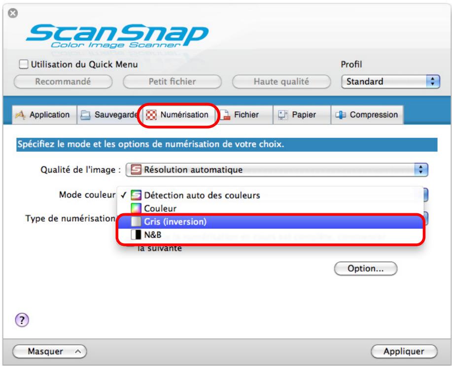 FUJITSU SCANSNAP S1100I - Dans le menu local Mode couleur de l'onglet Numérisation, Sélectionnez Gris ou N&amp;B. - 1