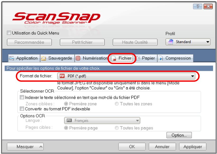 FUJITSU SCANSNAP S1100I - Dans la liste déroulante Format de fichier de l'onglet Fichier, Sélectionnez PDF (.pdf). - 1