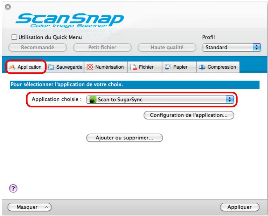 FUJITSU SCANSNAP S1100I - Dans la liste déroulante Application chosesie de l'onglet Application, selectionnez Scan to SugarSync. - 1
