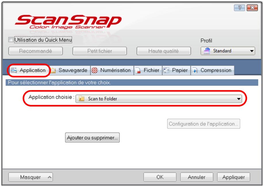 FUJITSU SCANSNAP S1100I - Dans la liste déroulante Application chosesie de l'onglet Application, selectionnez Scan to Folder. - 1