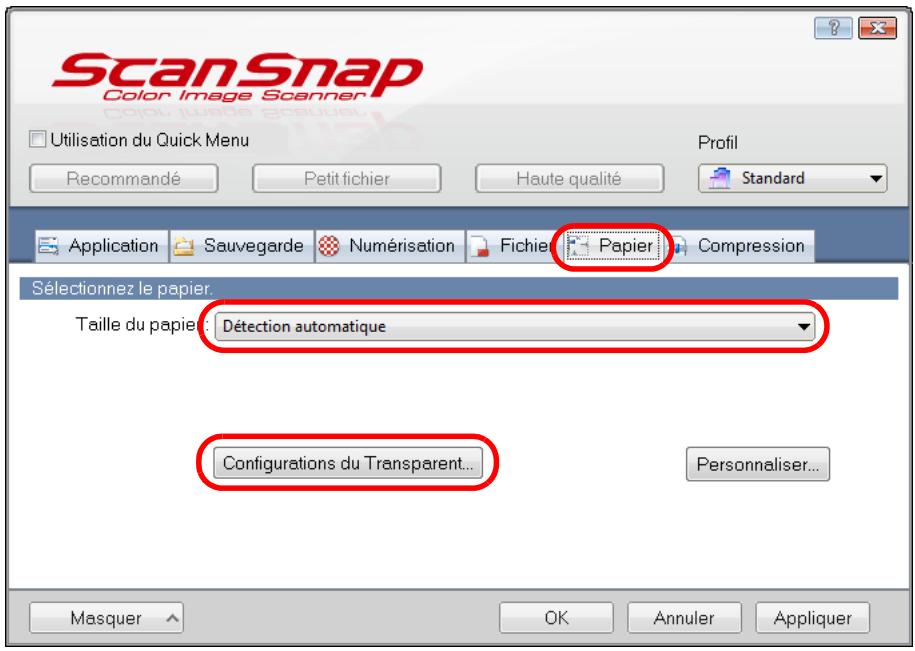 FUJITSU SCANSNAP S1100I - Dans l'onglet Papier, Sélectionnez Détction automatique dans Taille du papier, puis cliquez sur le bouton Configurations du Transparent. - 1
