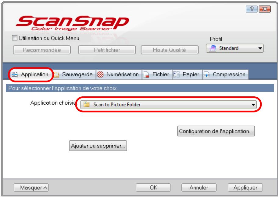 FUJITSU SCANSNAP S1100I - Dans la liste déroulante Application chosesie de l'onglet Application, selectionnez Scan to Picture Folder. - 1