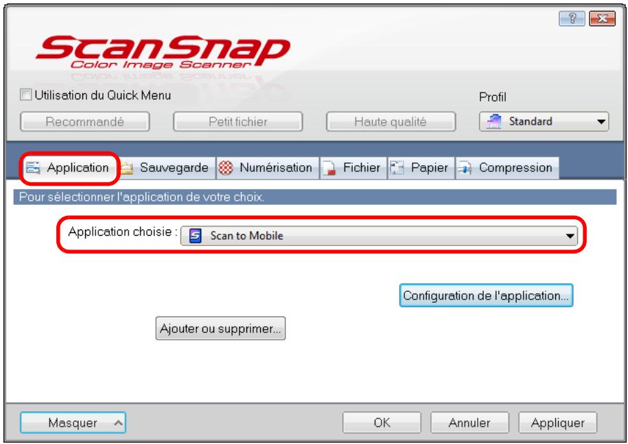 FUJITSU SCANSNAP S1100I - Dans la liste déroulante Application chosesie de l'onglet Application, selectionnez Scan to Mobile. - 1