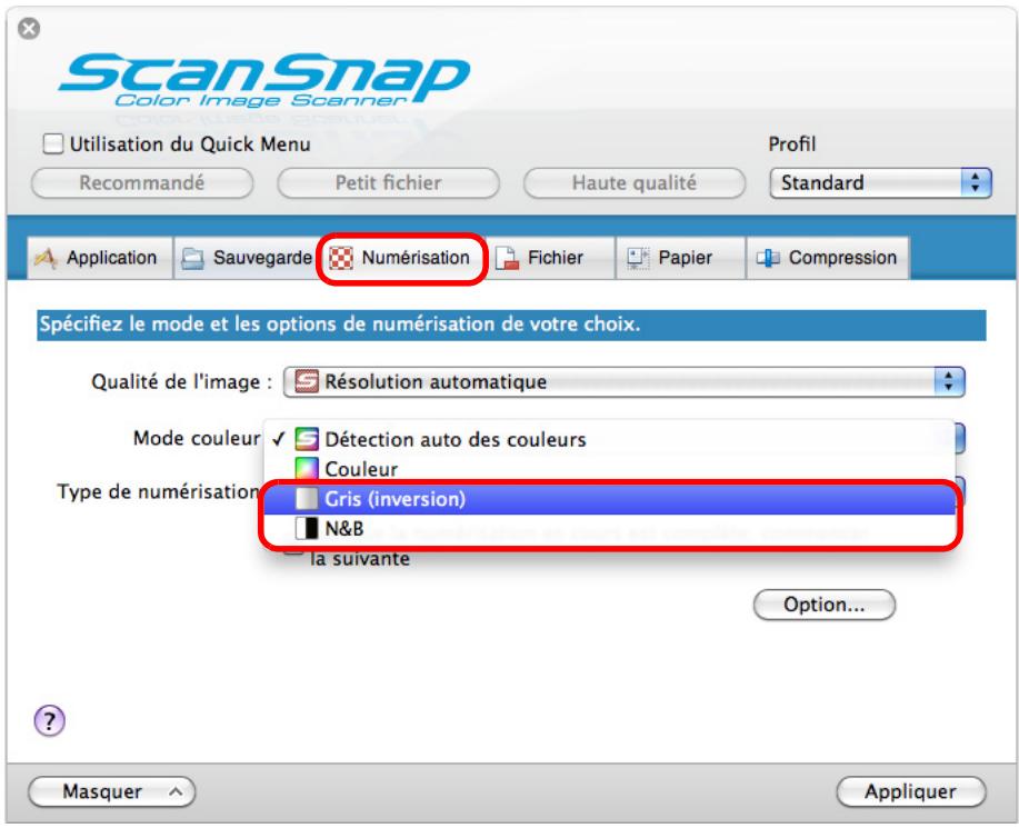 FUJITSU SCANSNAP S1300I - Dans le menu local Mode couleur de l'onglet Numérisation, Sélectionnez Gris ou N&B. - 1