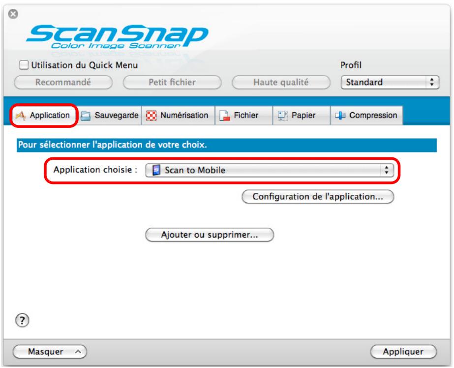 FUJITSU SCANSNAP S1300I - Dans le menu local Application chosesie de l'onglet Application, selectionnez Scan to Mobile. - 1