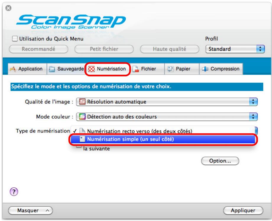 FUJITSU SCANSNAP S1300I - Sélectionnez Numérisation simple (un seul côté) dans le menu local Type de numérisation de l'onglet Numérisation. - 1