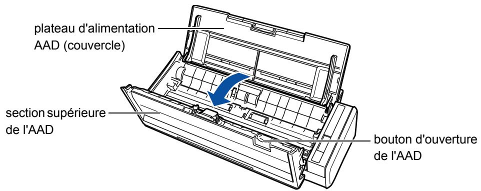 FUJITSU SCANSNAP S1300I - Appuyez sur le bouton d'ouverture de l'AAD pour ouvrir la section supérieure. - 1