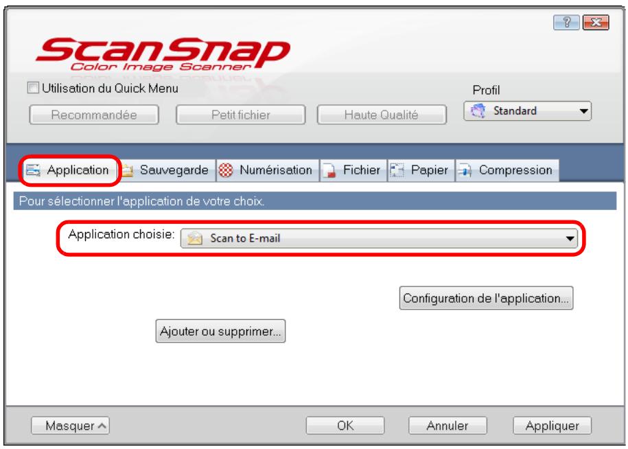 FUJITSU SCANSNAP S1300I - Dans la liste déroulante Application chosesie de l'onglet Application, selectionnez Scan to E-mail. - 1