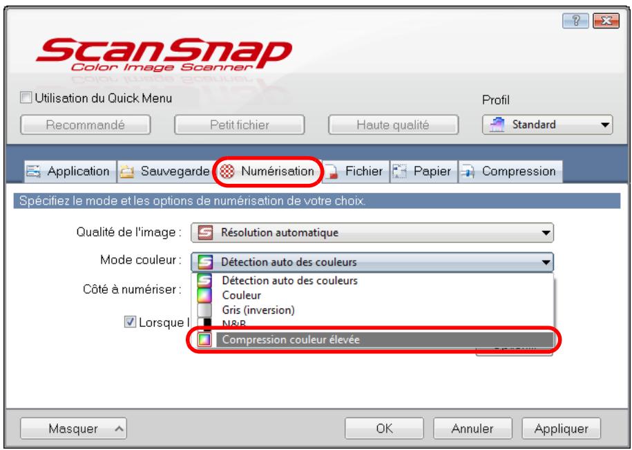 FUJITSU SCANSNAP S1300I - Dans la liste déroulante Mode de couleur de l'onglet Numérisation, Sélectionnez Compression couleur élevée. - 1