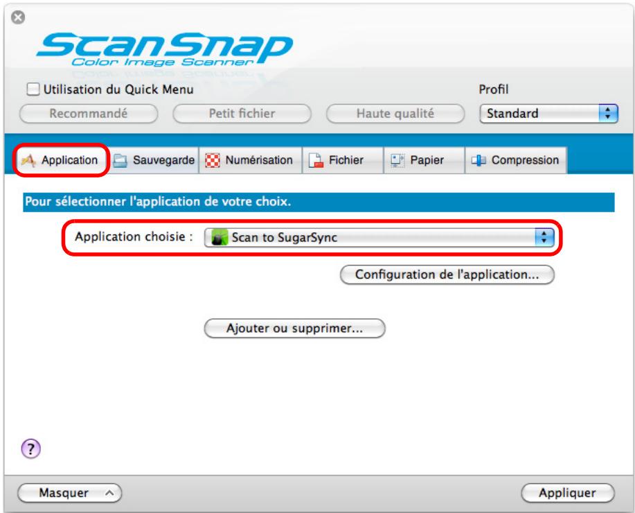 FUJITSU SCANSNAP S1300I - Dans la liste déroulante Application chosesie de l'onglet Application, selectionnez Scan to SugarSync. - 1