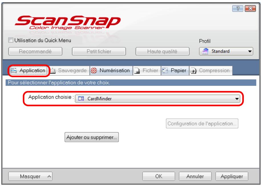 FUJITSU SCANSNAP S1300I - Dans la liste déroulante Application chosesie de l'onglet Application, selectionnez CardMinder. - 1