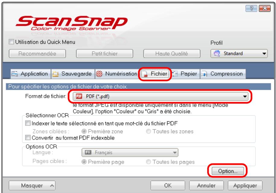 FUJITSU SCANSNAP S1300I - Dans la liste déroulante Format de fichier de l'onglet Fichier, Sélectionnez PDF (.pdf) et cliquez sur le bouton Option. - 1
