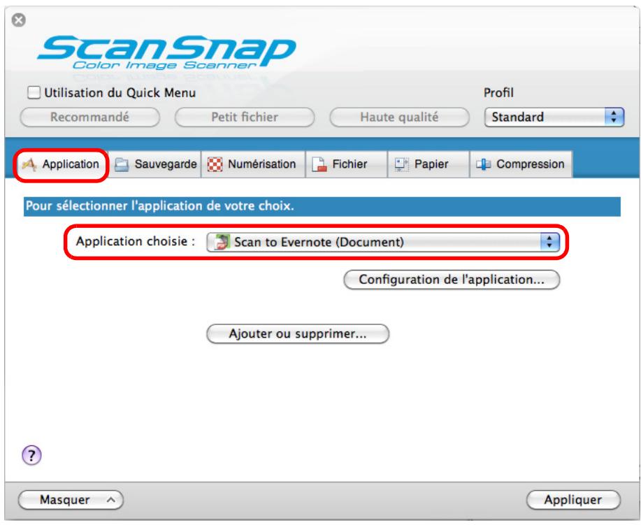 FUJITSU SCANSNAP S1300I - Dans le menu local Application chosesie de l'onglet Application, selectionnez Scan to Evernote (Document). - 1