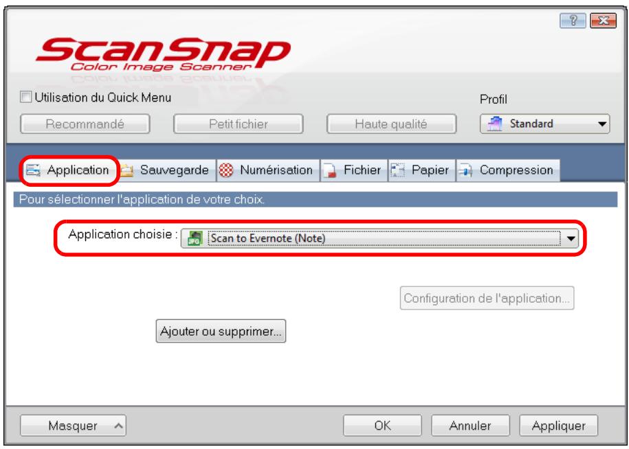 FUJITSU SCANSNAP S1300I - Dans la liste déroulante Application chosesie de l'onglet Application, selectionnez Scan to Evernote (Note). - 1