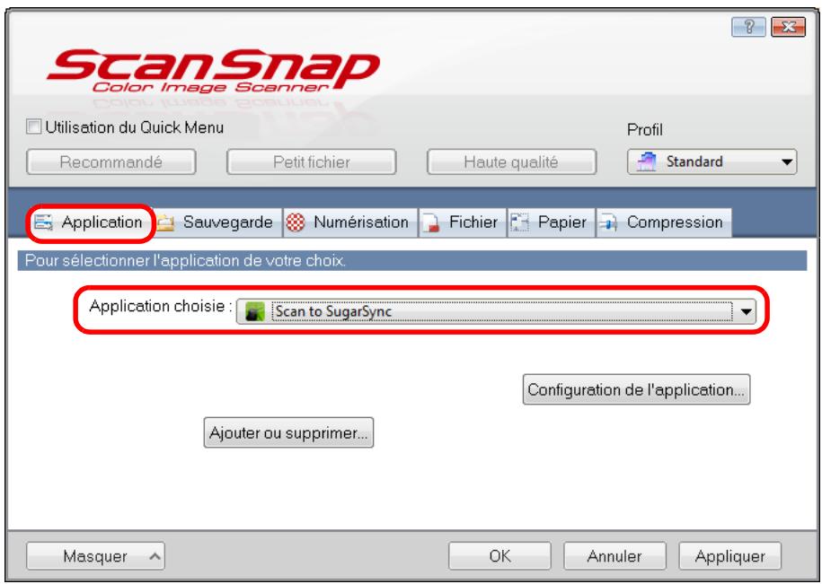 FUJITSU SCANSNAP S1300I - Dans la liste déroulante Application chosesie de l'onglet Application, selectionnez Scan to SugarSync. - 1