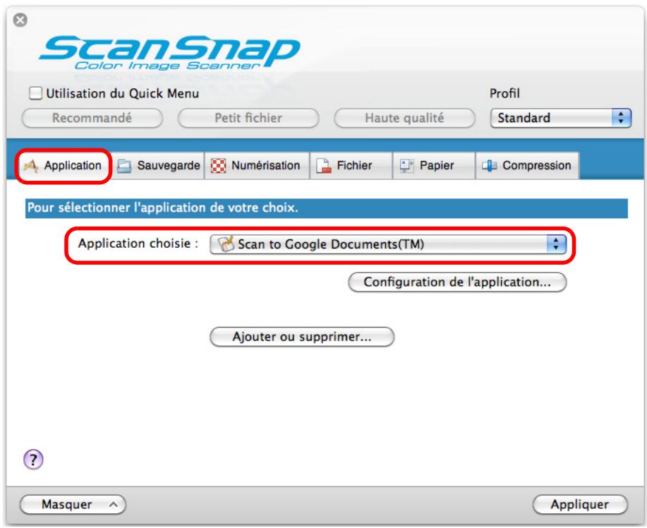 FUJITSU SCANSNAP S1300I - Dans le menu local Application chosesie de l'onglet Application, selectionnez Scan to Google Documents(TM). - 1