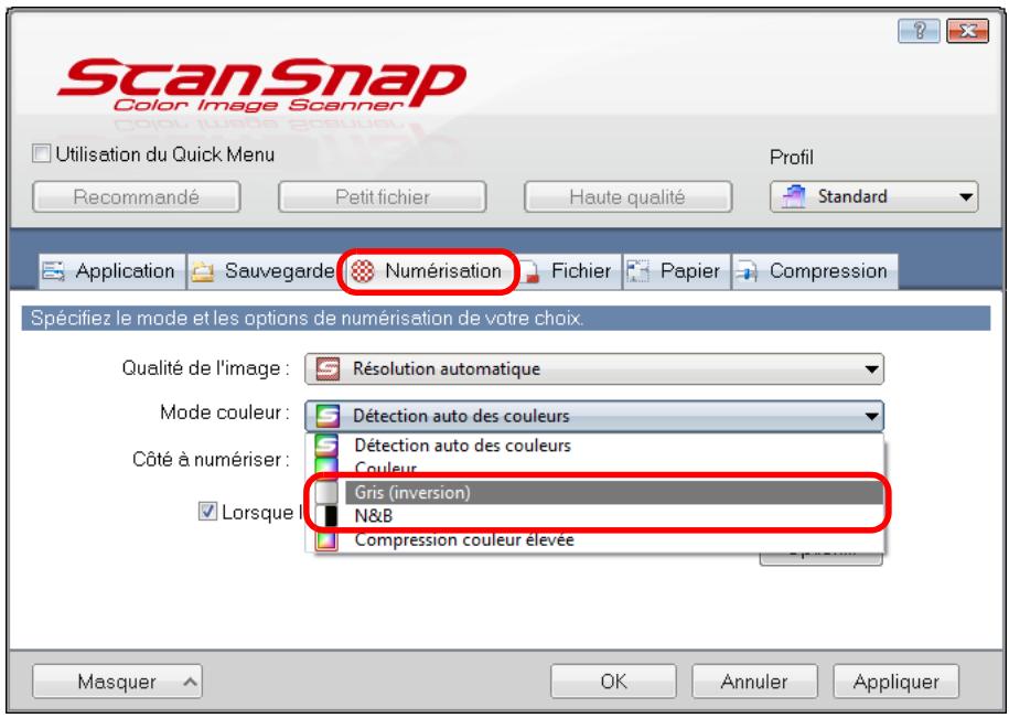 FUJITSU SCANSNAP S1300I - Dans la liste déroulante Mode couleur de l'onglet Numérisation, Sélectionnez Gris ou N&B. - 1