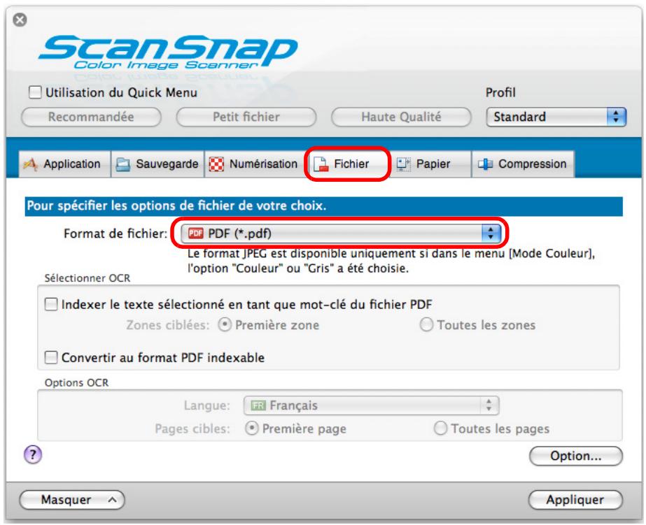 FUJITSU SCANSNAP S1300I - Dans le menu local Format de fichier de l'onglet Fichier, Sélectionnez PDF (.pdf). - 1