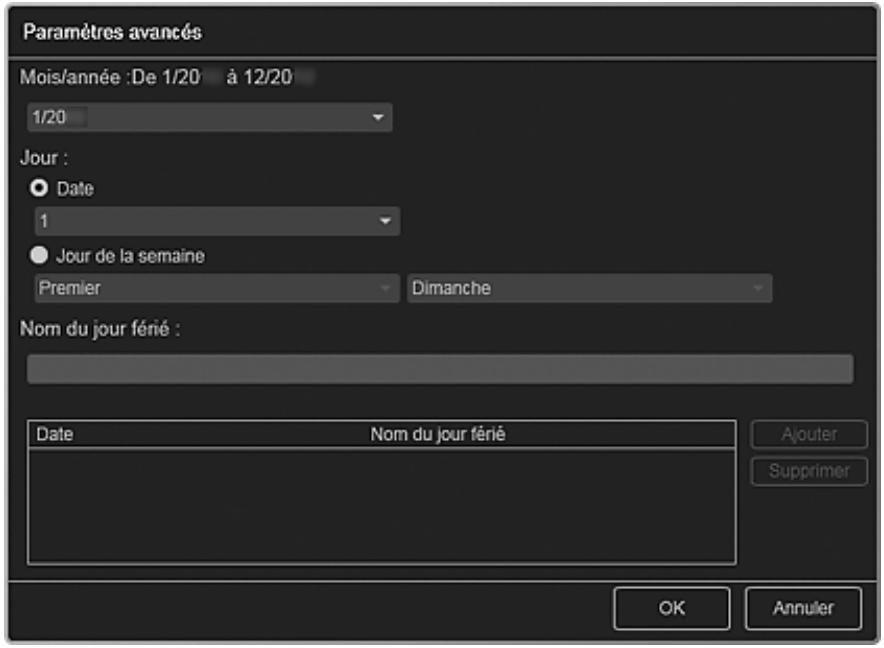CANON PIXMA MG3150 - Boîte de dialogue Paramètres avancés (paramètres des jours féériés du calendrier) - 1