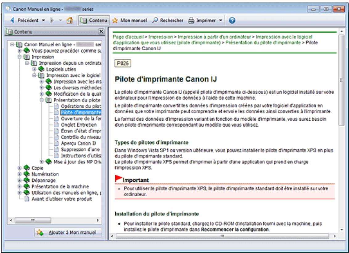 CANON PIXMA MG3150 - Fonctionnement de la fenêtre de contenu - 1