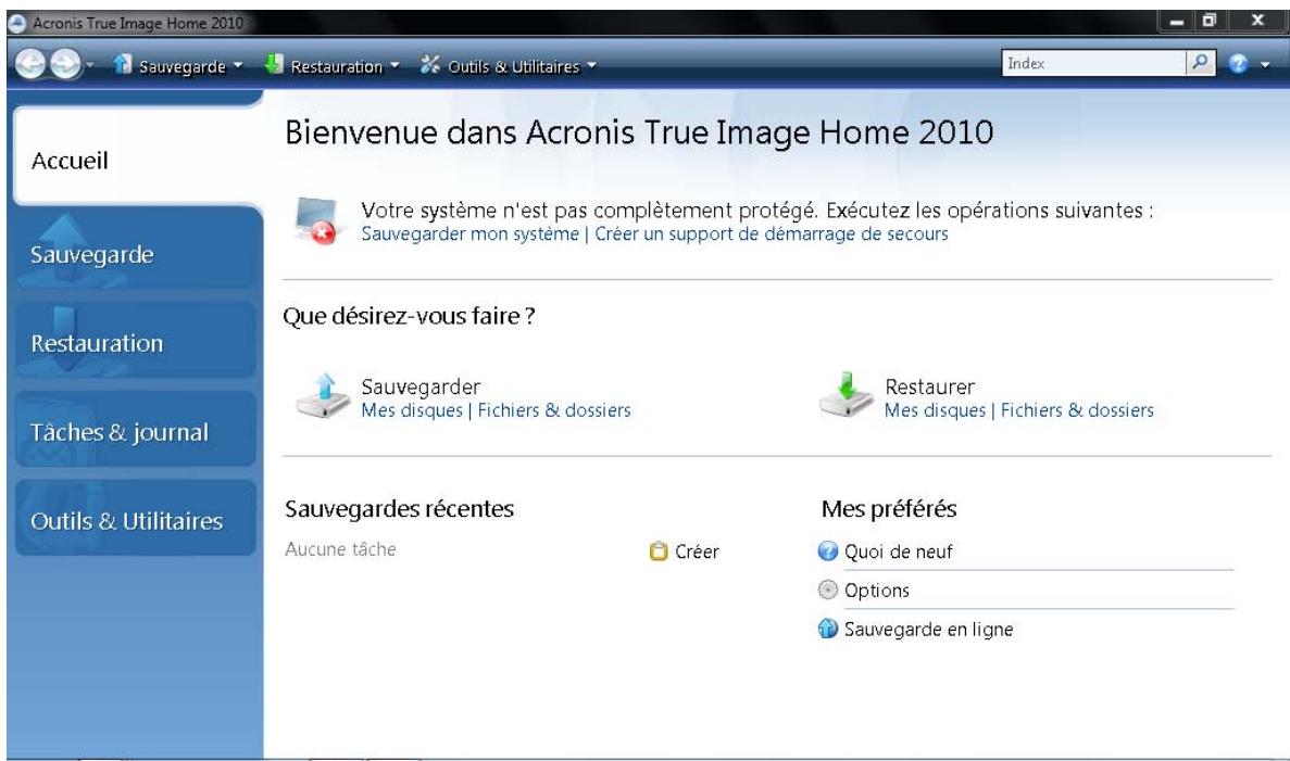 ACRONIS TRUE IMAGE HOME 2010 - Espace de travail du programme - 1