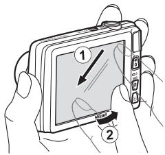NIKON COOLPIX S4200 - Placez le doigt sur I'ecran tactile, faites-le glisser jusqu'à l'emplacement souhaite (①), puis retirez-le de I'ecran tactile (②). - 1