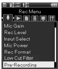 OLYMPUS LS-20 - [Menu]→[Menu enregistr.]  [Pré-enregistr.] - 1