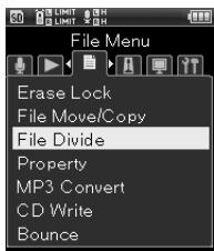 OLYMPUS LS-20 - [Menu]→[Menu fichier]→ [Fichier divisé] - 1