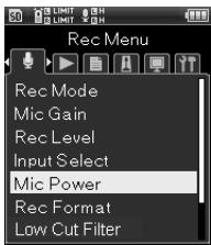 OLYMPUS LS-20 - [Menu]  [Menu enregist.]  [Alimentation Mic] - 1