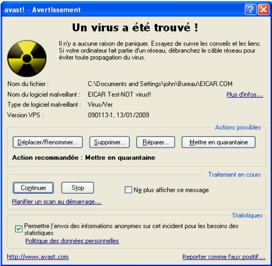 AVAST ANTIVIRUS EDITION PROFESSIONNELLE 4.8 - Que faire lorsqu'un virus est trouvé - 1