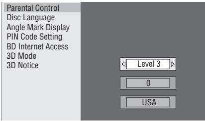 ONKYO BD-SP309 - Appuyez sur / pour selectionner le niveau de contrôle parental pour les DVD VIDEO, BD-ROM, et selectionnee ensuite le code du pays. Appuyez sur ENTER après chaque selection. - 1