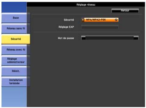 EPSON EB-Z8350W - Menu sécurité (uniquement disponible si l'unité LAN sans fil en option est installée) - 3
