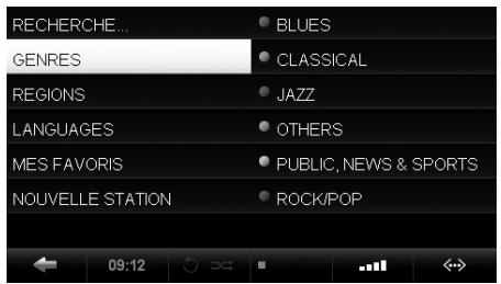 RECHERCHE... GENRES REGIONS LANGUAGES MES FAVORIS NOUVELLE STATION BLUES CLASSICAL JAZZ OTHERS PUBLIC, NEWS & SPORTS ROCK/POP