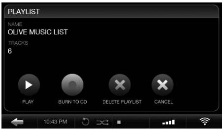 PLAYLIST NAME OLIVE MUSIC LIST TRACKS 6 PLAY BURN TO CO DELETE PLAYLIST CANCEL 10:43 PM