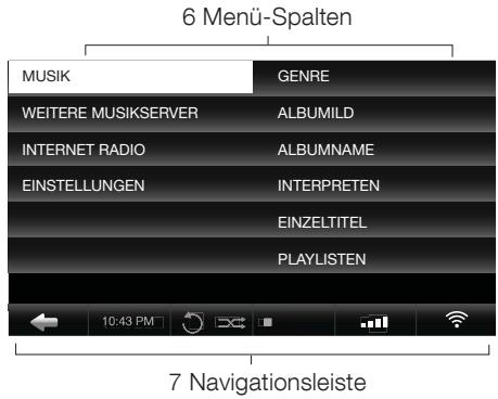 6 Menü-Spalten MUSIK GENRE WEITERE MUSIKSERVER ALBUMILD INTERNET RADIO ALBUMNAME EINSTELLUNGEN INTERPRETEN EINZELTITEL PLAYLISTEN 10:43 PM 7 Navigationsleiste