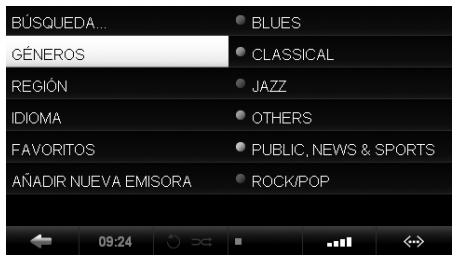 BÚSQUEDA... GÉNEROS REGIÓN IDIOMA FAVORITOS AÑADIR NUEVA EMISORA BLUES CLASSICAL JAZZ OTHERS PUBLIC, NEWS & SPORTS ROCK/POP 09:24