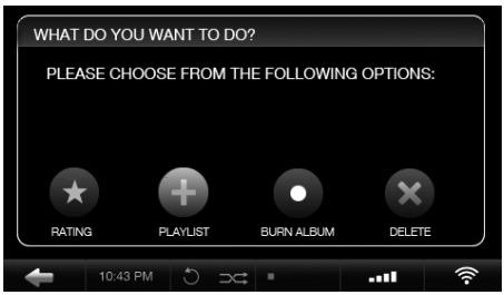WHAT DO YOU WANT TO DO? PLEASE CHOOSE FROM THE FOLLOWING OPTIONS: RATING PLAYLIST BURN ALBUM DELETE 10:43 PM