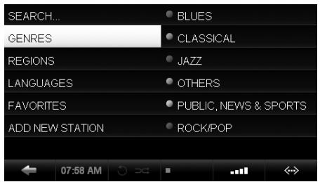 SEARCH... GENRES REGIONS LANGUAGES FAVORITES ADD NEW STATION BLUES CLASSICAL JAZZ OTHERS PUBLIC, NEWS & SPORTS ROCK/POP 07:58 AM