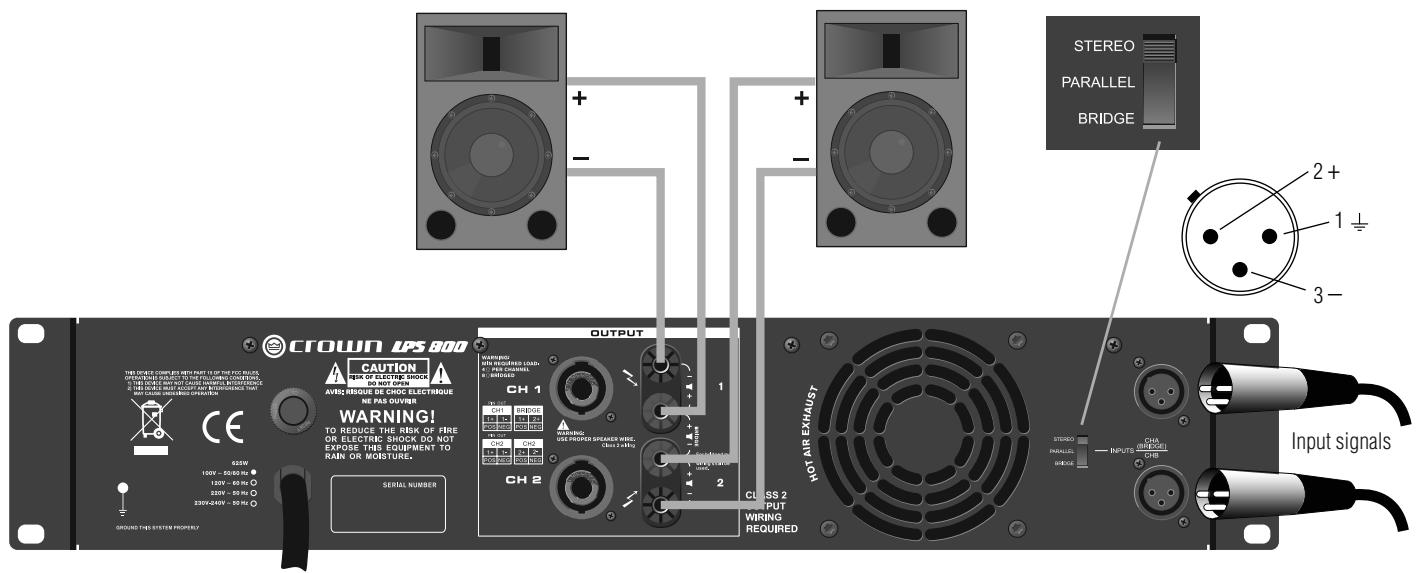 CROWN LPS-2500 - STEREO (DUAL) WIRING USING THE BINDING POST CONNECTORS - 1