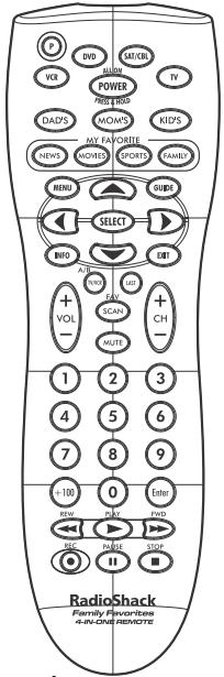 RADIOSHACK 4-IN-1 FAMILY FAVORITES REMOTE - s for Satellite Receivers - 1