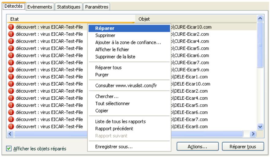 KAPERSKY INTERNET SECURITY 7.0 - Onglet Détectés - 1