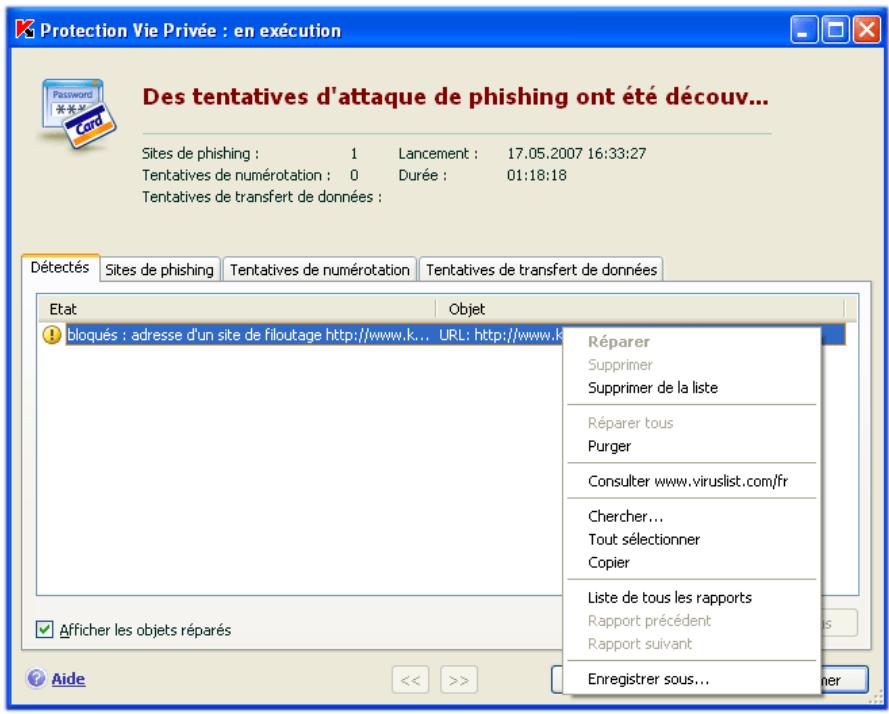 KAPERSKY INTERNET SECURITY 7.0 - Onglet Sites de phishing - 1