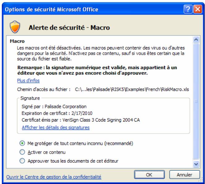 PALISADE RISKOPTIMIZER 5.5 - Messages d'advertissement de sécurité des macros au démarrage - 1