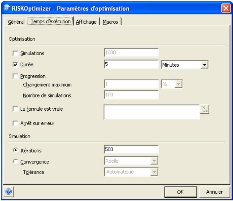PALISADE RISKOPTIMIZER 5.5 - Commande Paramètres d'optimisation - Onglet Temps d'exécution - 1
