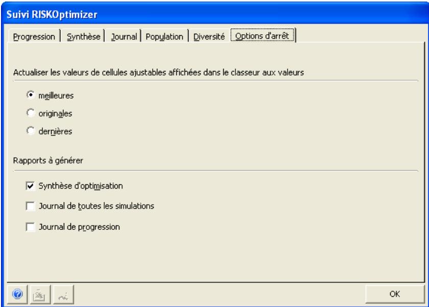 PALISADE RISKOPTIMIZER 5.5 - Affiche les options d'arrêt de l'optimisation. - 1