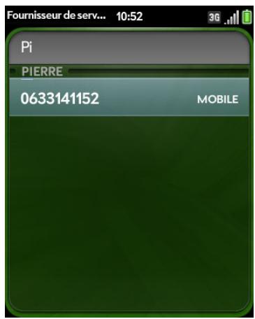 PALM PALM PIXI PLUS - Composition d'un numéro à partir d'un nom de contact dans l'application téléphone - 1