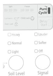 Spin Finish Pure Cycle Comments Child Lock Door Lock Delay Start L Heavy Louder Normal Softer Light Off Soil Level Signal