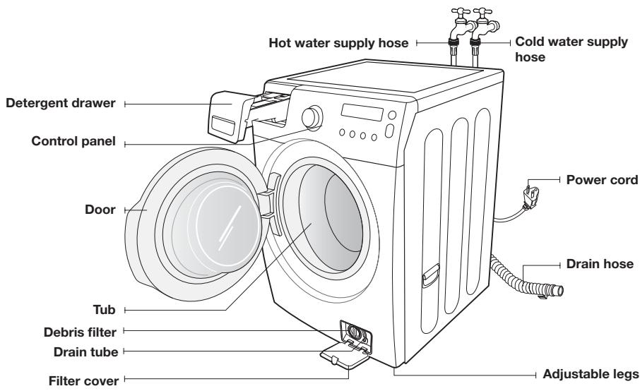 Hot water supply hose Cold water supply hose Detergent drawer Control panel Door Power cord Drain hose Tub Debris filter Drain tube Filter cover Adjustable legs